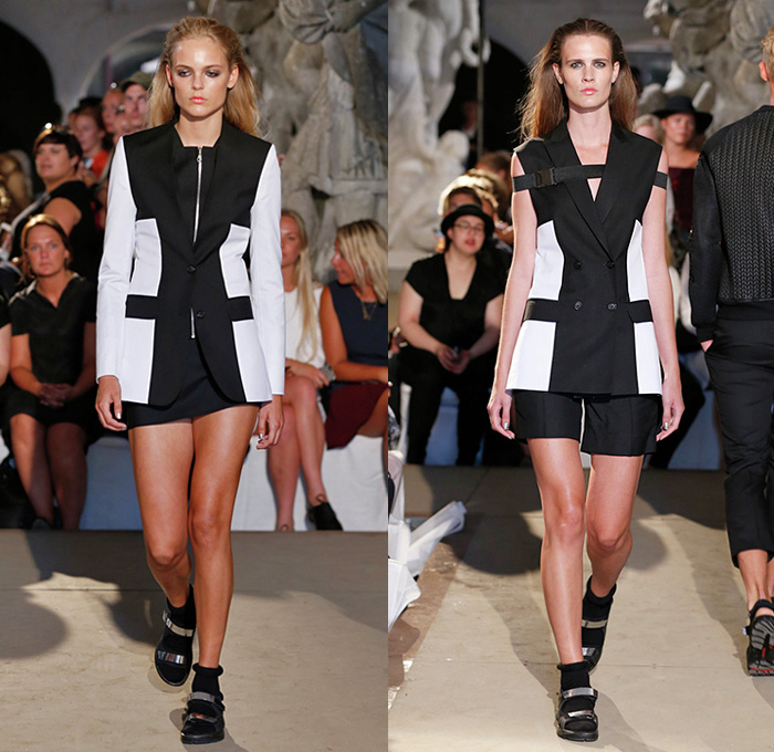 David Andersen 2015 Spring Summer Womens Runway Catwalk Looks - Copenhagen Fashion Week Denmark - Outerwear Black White Blazer Zipper Grosgrain Banded Strap Multi-Panel Shorts Socks Sandals Tankdress Vest Waistcoat White Ensemble Embroidery Weave Sweater Jumper Motorcycle Moto Biker Rider Tuxedo Cocktail Smoking Jacket Miniskirt Puffy Wrap Belted Waist Train Curved Hem Mesh Peek-A-Boo Skirt Frock