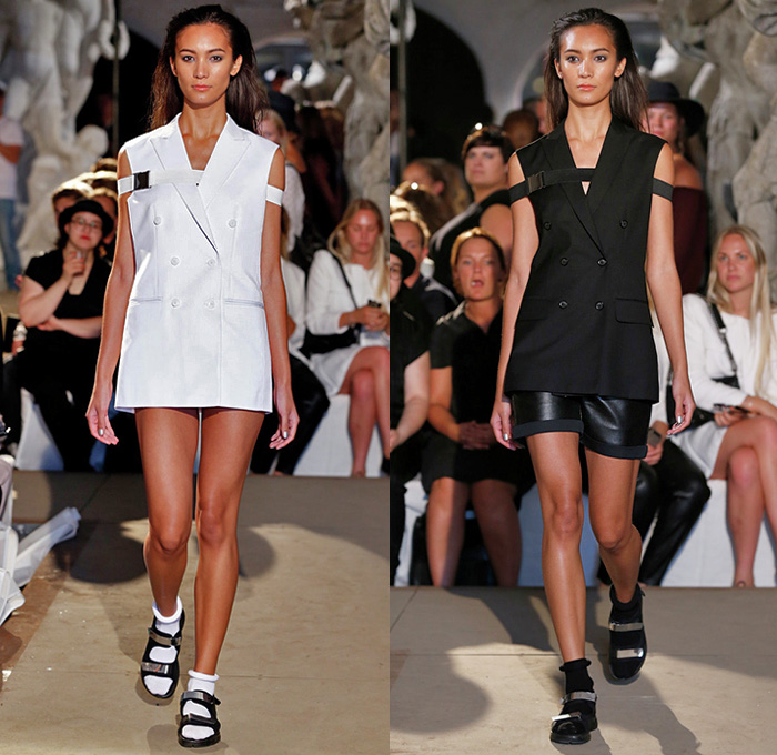 David Andersen 2015 Spring Summer Womens Runway Catwalk Looks - Copenhagen Fashion Week Denmark - Outerwear Black White Blazer Zipper Grosgrain Banded Strap Multi-Panel Shorts Socks Sandals Tankdress Vest Waistcoat White Ensemble Embroidery Weave Sweater Jumper Motorcycle Moto Biker Rider Tuxedo Cocktail Smoking Jacket Miniskirt Puffy Wrap Belted Waist Train Curved Hem Mesh Peek-A-Boo Skirt Frock