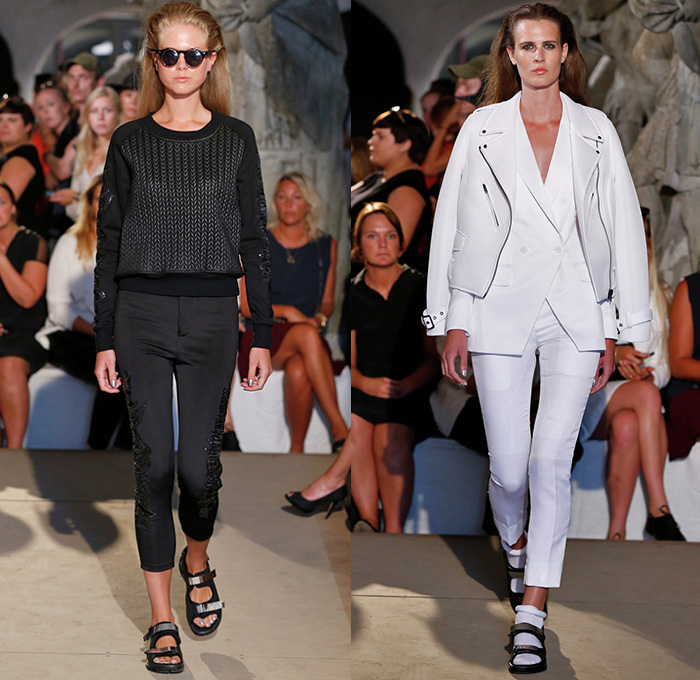 David Andersen 2015 Spring Summer Womens Runway Catwalk Looks - Copenhagen Fashion Week Denmark - Outerwear Black White Blazer Zipper Grosgrain Banded Strap Multi-Panel Shorts Socks Sandals Tankdress Vest Waistcoat White Ensemble Embroidery Weave Sweater Jumper Motorcycle Moto Biker Rider Tuxedo Cocktail Smoking Jacket Miniskirt Puffy Wrap Belted Waist Train Curved Hem Mesh Peek-A-Boo Skirt Frock