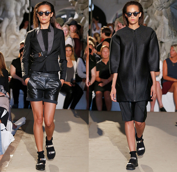 David Andersen 2015 Spring Summer Womens Runway Catwalk Looks - Copenhagen Fashion Week Denmark - Outerwear Black White Blazer Zipper Grosgrain Banded Strap Multi-Panel Shorts Socks Sandals Tankdress Vest Waistcoat White Ensemble Embroidery Weave Sweater Jumper Motorcycle Moto Biker Rider Tuxedo Cocktail Smoking Jacket Miniskirt Puffy Wrap Belted Waist Train Curved Hem Mesh Peek-A-Boo Skirt Frock