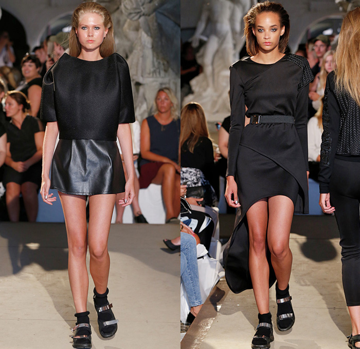 David Andersen 2015 Spring Summer Womens Runway Catwalk Looks - Copenhagen Fashion Week Denmark - Outerwear Black White Blazer Zipper Grosgrain Banded Strap Multi-Panel Shorts Socks Sandals Tankdress Vest Waistcoat White Ensemble Embroidery Weave Sweater Jumper Motorcycle Moto Biker Rider Tuxedo Cocktail Smoking Jacket Miniskirt Puffy Wrap Belted Waist Train Curved Hem Mesh Peek-A-Boo Skirt Frock