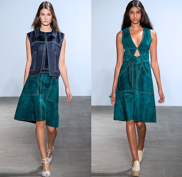 Derek Lam 2015 Spring Summer Womens Runway Catwalk Looks - New York Fashion Week - 1970s Seventies Patchwork Suede Jean Jacket Skirt Frock Sleeveless Outerwear Trench Coat Dress Flare Wide Leg Bell Bottom Pants Trousers Palazzo Pants Pinafore Top Stripes Blousedress Shirtdress Vest Sweater Jumper Lace Sheer Chiffon 3D Embellishments Adornments Fringes Banded Strap Belt Onesie Jumpsuit Coveralls Salopette White Ensemble