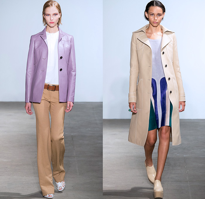 Derek Lam 2015 Spring Summer Womens Runway Catwalk Looks - New York Fashion Week - 1970s Seventies Patchwork Suede Jean Jacket Skirt Frock Sleeveless Outerwear Trench Coat Dress Flare Wide Leg Bell Bottom Pants Trousers Palazzo Pants Pinafore Top Stripes Blousedress Shirtdress Vest Sweater Jumper Lace Sheer Chiffon 3D Embellishments Adornments Fringes Banded Strap Belt Onesie Jumpsuit Coveralls Salopette White Ensemble