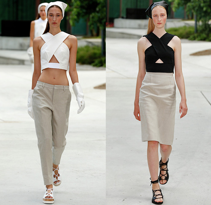 Designers Remix Charlotte Eskildsen 2015 Spring Summer Womens Runway Catwalk Looks - Copenhagen Fashion Week Denmark - White Veil Romper Onesie Coveralls Combishorts Bib Brace Button Down Shirt Halter Shorts Sleeveless Tank Top Cinch Waist Knit Sweater Jumper White Ensemble Accordion Pleats Crop Top Midriff Wrap Gloves Midi Skirt Frock Zipper Ruffles One Shoulder Sheer Chiffon Pinafore Dress Outerwear Jacket 