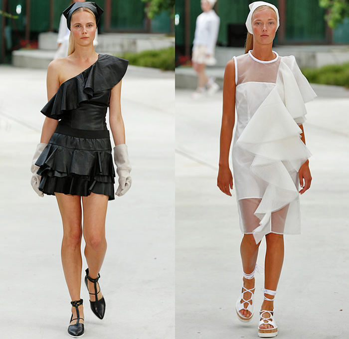 Designers Remix Charlotte Eskildsen 2015 Spring Summer Womens Runway Catwalk Looks - Copenhagen Fashion Week Denmark - White Veil Romper Onesie Coveralls Combishorts Bib Brace Button Down Shirt Halter Shorts Sleeveless Tank Top Cinch Waist Knit Sweater Jumper White Ensemble Accordion Pleats Crop Top Midriff Wrap Gloves Midi Skirt Frock Zipper Ruffles One Shoulder Sheer Chiffon Pinafore Dress Outerwear Jacket 