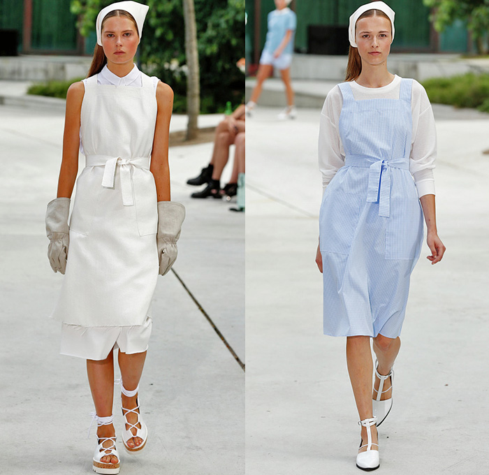 Designers Remix Charlotte Eskildsen 2015 Spring Summer Womens Runway Catwalk Looks - Copenhagen Fashion Week Denmark - White Veil Romper Onesie Coveralls Combishorts Bib Brace Button Down Shirt Halter Shorts Sleeveless Tank Top Cinch Waist Knit Sweater Jumper White Ensemble Accordion Pleats Crop Top Midriff Wrap Gloves Midi Skirt Frock Zipper Ruffles One Shoulder Sheer Chiffon Pinafore Dress Outerwear Jacket 