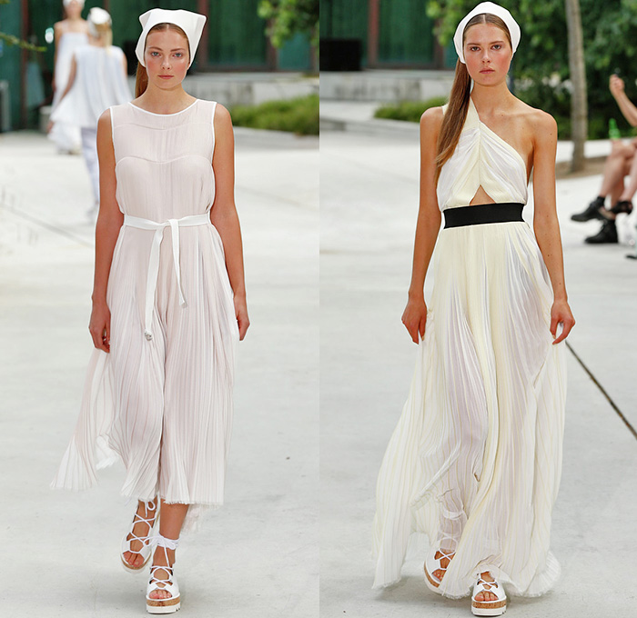 Designers Remix Charlotte Eskildsen 2015 Spring Summer Womens Runway Catwalk Looks - Copenhagen Fashion Week Denmark - White Veil Romper Onesie Coveralls Combishorts Bib Brace Button Down Shirt Halter Shorts Sleeveless Tank Top Cinch Waist Knit Sweater Jumper White Ensemble Accordion Pleats Crop Top Midriff Wrap Gloves Midi Skirt Frock Zipper Ruffles One Shoulder Sheer Chiffon Pinafore Dress Outerwear Jacket 