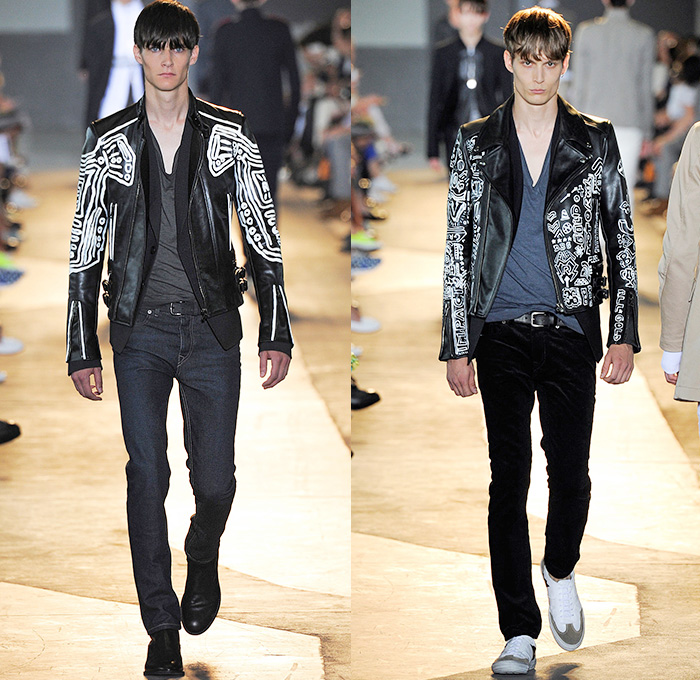 Diesel Black Gold 2015 Spring Summer Mens Runway Looks - Milano Moda Uomo Collezione Milan Fashion Week Italy Camera Nazionale della Moda Italiana - Denim Jeans Dark Wash Slim Motocross MX Motorcycle Biker Rider Racer Leather Emblems Graffiti Military Officer Marching Band Outerwear Parka Blazer Velvet Trucker Jacket Coated Waxed Zippers Trench Coat White