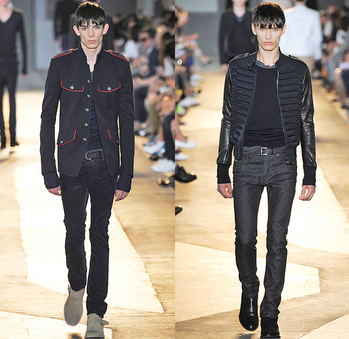 Diesel Black Gold 2015 Spring Summer Mens Runway Looks - Milano Moda Uomo Collezione Milan Fashion Week Italy Camera Nazionale della Moda Italiana - Denim Jeans Dark Wash Slim Motocross MX Motorcycle Biker Rider Racer Leather Emblems Graffiti Military Officer Marching Band Outerwear Parka Blazer Velvet Trucker Jacket Coated Waxed Zippers Trench Coat White