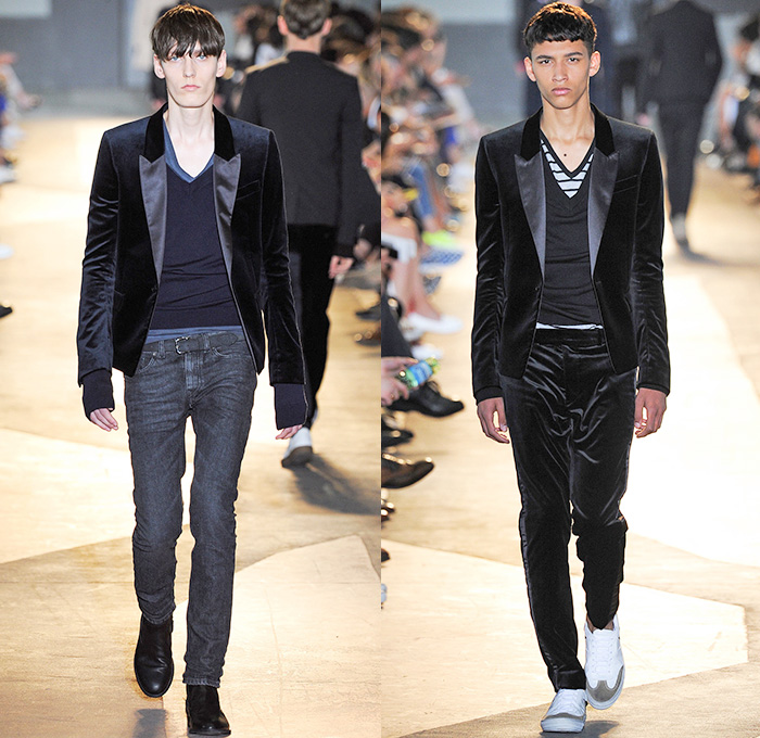 Diesel Black Gold 2015 Spring Summer Mens Runway Looks - Milano Moda Uomo Collezione Milan Fashion Week Italy Camera Nazionale della Moda Italiana - Denim Jeans Dark Wash Slim Motocross MX Motorcycle Biker Rider Racer Leather Emblems Graffiti Military Officer Marching Band Outerwear Parka Blazer Velvet Trucker Jacket Coated Waxed Zippers Trench Coat White