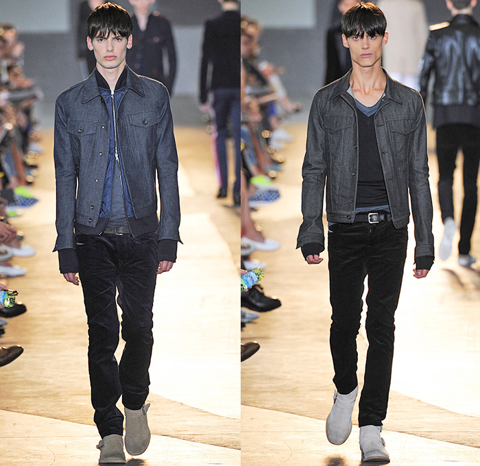 Diesel Black Gold 2015 Spring Summer Mens Runway Looks - Milano Moda Uomo Collezione Milan Fashion Week Italy Camera Nazionale della Moda Italiana - Denim Jeans Dark Wash Slim Motocross MX Motorcycle Biker Rider Racer Leather Emblems Graffiti Military Officer Marching Band Outerwear Parka Blazer Velvet Trucker Jacket Coated Waxed Zippers Trench Coat White