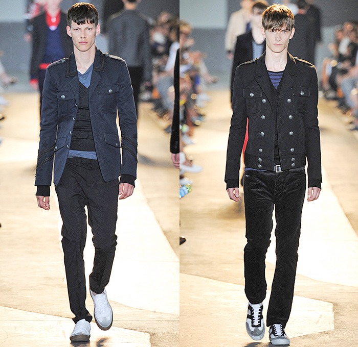 Diesel Black Gold 2015 Spring Summer Mens Runway Looks - Milano Moda Uomo Collezione Milan Fashion Week Italy Camera Nazionale della Moda Italiana - Denim Jeans Dark Wash Slim Motocross MX Motorcycle Biker Rider Racer Leather Emblems Graffiti Military Officer Marching Band Outerwear Parka Blazer Velvet Trucker Jacket Coated Waxed Zippers Trench Coat White