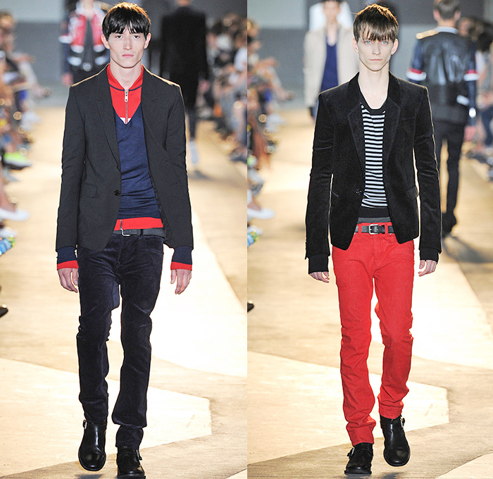 Diesel Black Gold 2015 Spring Summer Mens Runway Looks - Milano Moda Uomo Collezione Milan Fashion Week Italy Camera Nazionale della Moda Italiana - Denim Jeans Dark Wash Slim Motocross MX Motorcycle Biker Rider Racer Leather Emblems Graffiti Military Officer Marching Band Outerwear Parka Blazer Velvet Trucker Jacket Coated Waxed Zippers Trench Coat White