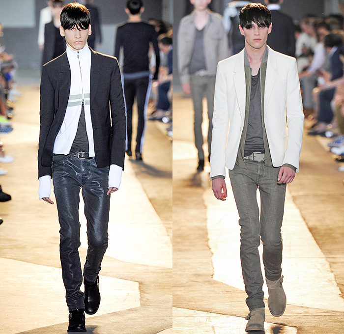 Diesel Black Gold 2015 Spring Summer Mens Runway Looks - Milano Moda Uomo Collezione Milan Fashion Week Italy Camera Nazionale della Moda Italiana - Denim Jeans Dark Wash Slim Motocross MX Motorcycle Biker Rider Racer Leather Emblems Graffiti Military Officer Marching Band Outerwear Parka Blazer Velvet Trucker Jacket Coated Waxed Zippers Trench Coat White