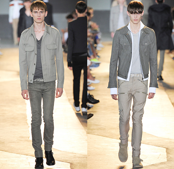Diesel Black Gold 2015 Spring Summer Mens Runway Looks - Milano Moda Uomo Collezione Milan Fashion Week Italy Camera Nazionale della Moda Italiana - Denim Jeans Dark Wash Slim Motocross MX Motorcycle Biker Rider Racer Leather Emblems Graffiti Military Officer Marching Band Outerwear Parka Blazer Velvet Trucker Jacket Coated Waxed Zippers Trench Coat White