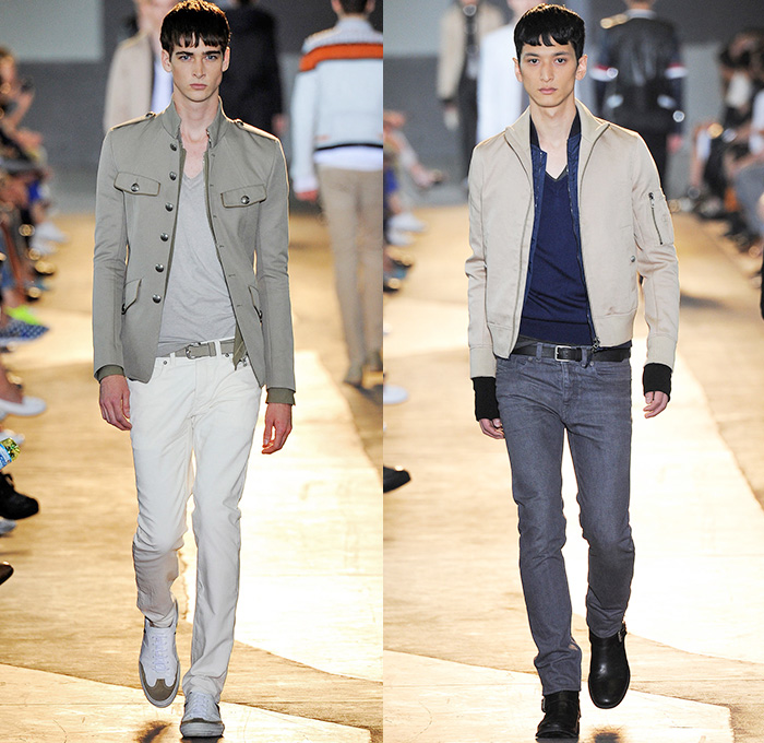 Diesel Black Gold 2015 Spring Summer Mens Runway Looks - Milano Moda Uomo Collezione Milan Fashion Week Italy Camera Nazionale della Moda Italiana - Denim Jeans Dark Wash Slim Motocross MX Motorcycle Biker Rider Racer Leather Emblems Graffiti Military Officer Marching Band Outerwear Parka Blazer Velvet Trucker Jacket Coated Waxed Zippers Trench Coat White