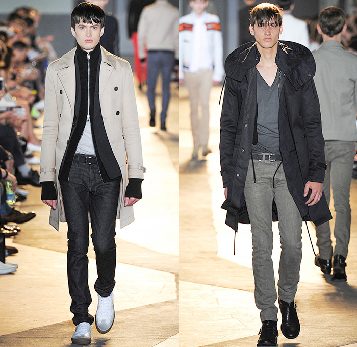 Diesel Black Gold 2015 Spring Summer Mens Runway Looks - Milano Moda Uomo Collezione Milan Fashion Week Italy Camera Nazionale della Moda Italiana - Denim Jeans Dark Wash Slim Motocross MX Motorcycle Biker Rider Racer Leather Emblems Graffiti Military Officer Marching Band Outerwear Parka Blazer Velvet Trucker Jacket Coated Waxed Zippers Trench Coat White
