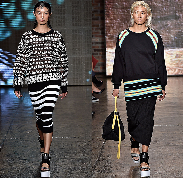 DKNY Donna Karan 2015 Spring Summer Womens Runway Catwalk Looks - Mercedes-Benz Fashion Week New York MBFW - Geometric V-Neck Stripes Tunic Slouchy Midi Skirt Frock Sneakers Trainers Oversized Coat Outerwear Coatdress Kaleidoscope 3D Embellishments Mesh Sweater Jumper Sporty Diamonds Wrap Sleeveless Waistcoat Bomber Jacket Gold Metallic Embossed Engraved Fringes White Ensemble Knit Weave Crochet