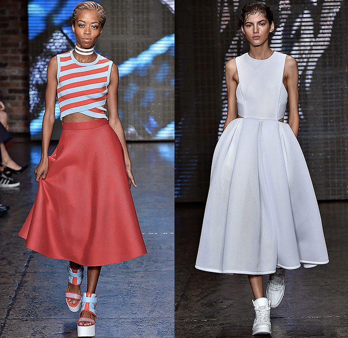 DKNY Donna Karan 2015 Spring Summer Womens Runway Catwalk Looks - Mercedes-Benz Fashion Week New York MBFW - Geometric V-Neck Stripes Tunic Slouchy Midi Skirt Frock Sneakers Trainers Oversized Coat Outerwear Coatdress Kaleidoscope 3D Embellishments Mesh Sweater Jumper Sporty Diamonds Wrap Sleeveless Waistcoat Bomber Jacket Gold Metallic Embossed Engraved Fringes White Ensemble Knit Weave Crochet