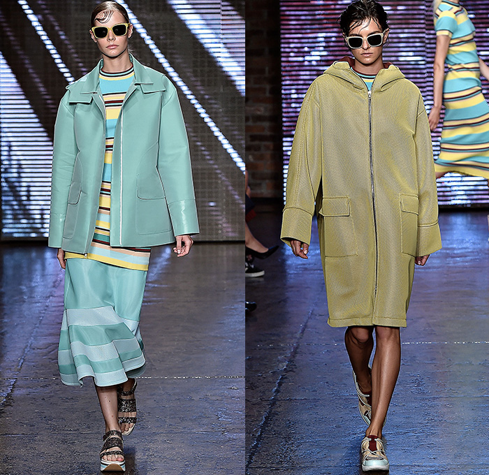 DKNY Donna Karan 2015 Spring Summer Womens Runway Catwalk Looks - Mercedes-Benz Fashion Week New York MBFW - Geometric V-Neck Stripes Tunic Slouchy Midi Skirt Frock Sneakers Trainers Oversized Coat Outerwear Coatdress Kaleidoscope 3D Embellishments Mesh Sweater Jumper Sporty Diamonds Wrap Sleeveless Waistcoat Bomber Jacket Gold Metallic Embossed Engraved Fringes White Ensemble Knit Weave Crochet