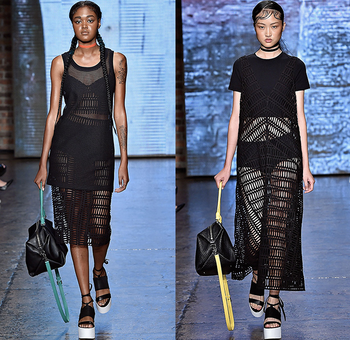 DKNY Donna Karan 2015 Spring Summer Womens Runway Catwalk Looks - Mercedes-Benz Fashion Week New York MBFW - Geometric V-Neck Stripes Tunic Slouchy Midi Skirt Frock Sneakers Trainers Oversized Coat Outerwear Coatdress Kaleidoscope 3D Embellishments Mesh Sweater Jumper Sporty Diamonds Wrap Sleeveless Waistcoat Bomber Jacket Gold Metallic Embossed Engraved Fringes White Ensemble Knit Weave Crochet