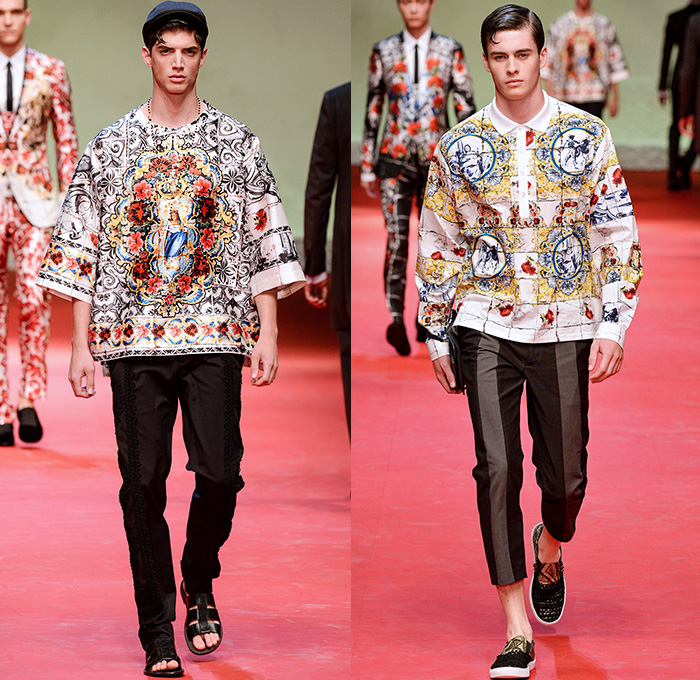 Dolce & Gabbana 2015 Spring Summer Mens Runway Looks - Milano Moda Uomo Collezione Milan Fashion Week Italy Camera Nazionale della Moda Italiana - Spanish Matador Toreador Torero Toureiro Chaquetilla Bolero Religious Virgin Mary Sacred Heart Bull Graphic Motif Print Brocade Braided Embroidery Polka Dots Shorts Denim Jeans Suit Blazer Vest Waistcoat Bomber Tuxedo Cocktail Smoking Jacket Slim Thin Necktie Coat