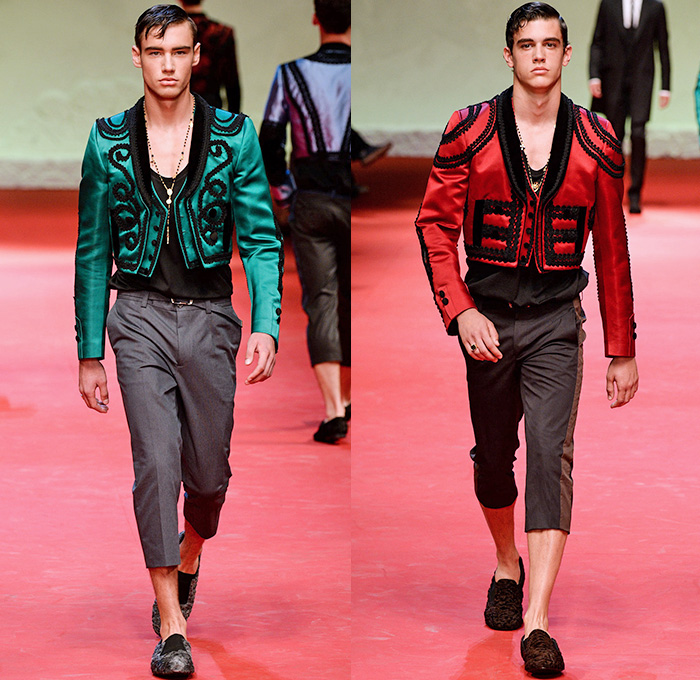 Dolce & Gabbana 2015 Spring Summer Mens Runway Looks - Milano Moda Uomo Collezione Milan Fashion Week Italy Camera Nazionale della Moda Italiana - Spanish Matador Toreador Torero Toureiro Chaquetilla Bolero Religious Virgin Mary Sacred Heart Bull Graphic Motif Print Brocade Braided Embroidery Polka Dots Shorts Denim Jeans Suit Blazer Vest Waistcoat Bomber Tuxedo Cocktail Smoking Jacket Slim Thin Necktie Coat