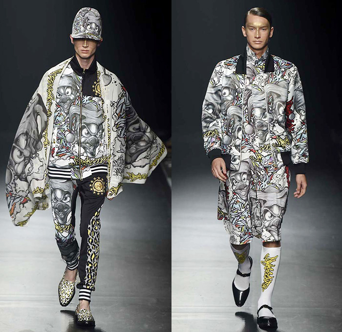 DressCamp by Toshikazu Iwaya 2015 Spring Summer Mens Runway Catwalk Looks - Mercedes-Benz Fashion Week Tokyo Japan - Queen Outerwear Parka Fringes Jogger Sweatpants Stripes Waves Cape Cloak Bomber Jacket Blazer Androgyny Lips Robe Fish Goblin Clown Artwork Illustration Street Graffiti Pop Art Print Motif Cheetah Leopard Androgynous Geometric Mix Match Fringed Boots Metallic Gold Biker Tennis Sweater Knit Long Shirt