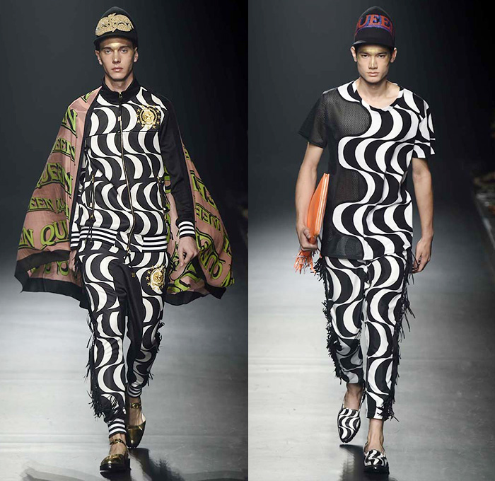 DressCamp by Toshikazu Iwaya 2015 Spring Summer Mens Runway Catwalk Looks - Mercedes-Benz Fashion Week Tokyo Japan - Queen Outerwear Parka Fringes Jogger Sweatpants Stripes Waves Cape Cloak Bomber Jacket Blazer Androgyny Lips Robe Fish Goblin Clown Artwork Illustration Street Graffiti Pop Art Print Motif Cheetah Leopard Androgynous Geometric Mix Match Fringed Boots Metallic Gold Biker Tennis Sweater Knit Long Shirt