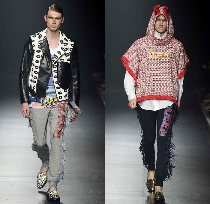 DressCamp by Toshikazu Iwaya 2015 Spring Summer Mens Runway Catwalk Looks - Mercedes-Benz Fashion Week Tokyo Japan - Queen Outerwear Parka Fringes Jogger Sweatpants Stripes Waves Cape Cloak Bomber Jacket Blazer Androgyny Lips Robe Fish Goblin Clown Artwork Illustration Street Graffiti Pop Art Print Motif Cheetah Leopard Androgynous Geometric Mix Match Fringed Boots Metallic Gold Biker Tennis Sweater Knit Long Shirt