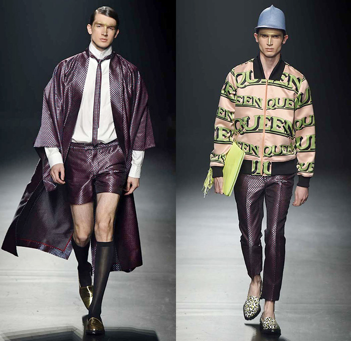 DressCamp by Toshikazu Iwaya 2015 Spring Summer Mens Runway Catwalk Looks - Mercedes-Benz Fashion Week Tokyo Japan - Queen Outerwear Parka Fringes Jogger Sweatpants Stripes Waves Cape Cloak Bomber Jacket Blazer Androgyny Lips Robe Fish Goblin Clown Artwork Illustration Street Graffiti Pop Art Print Motif Cheetah Leopard Androgynous Geometric Mix Match Fringed Boots Metallic Gold Biker Tennis Sweater Knit Long Shirt