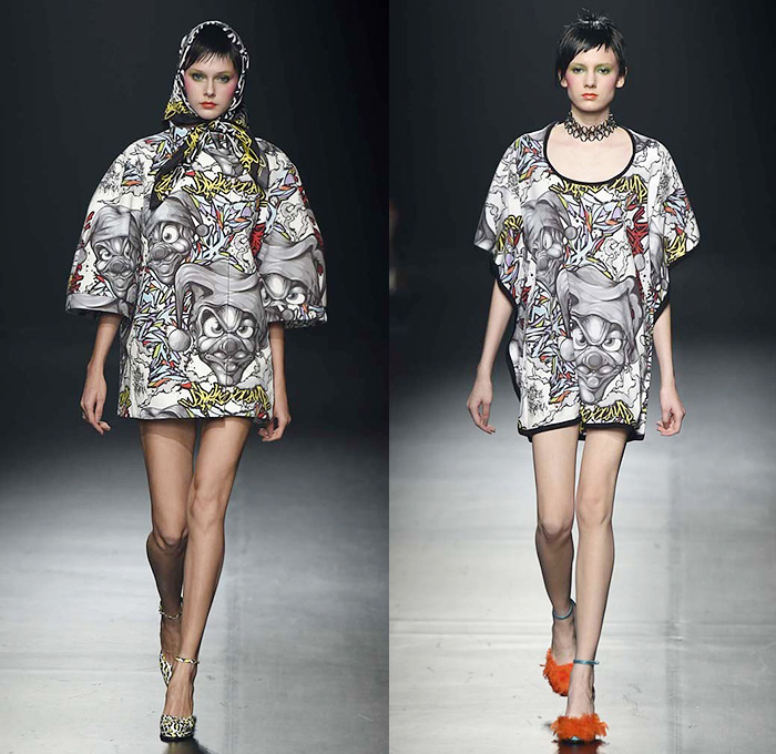 DressCamp by Toshikazu Iwaya 2015 Spring Summer Womens Runway Catwalk Looks - Mercedes-Benz Fashion Week Tokyo Japan - Denim Jeans Goblin Clown Fish Artwork Illustration Graffiti Street Pop Art Shirtdress Jacketdress Coatdress Scarf Ruffles Skirt Frock Maxi Dress Wide Sleeves Tutu Stripes Metallic Silver Gold Silk Asymmetrical Hem Animal Leopard Cheetah Lips Waves 3D Flowers Florals V-Neck Tennis Knit