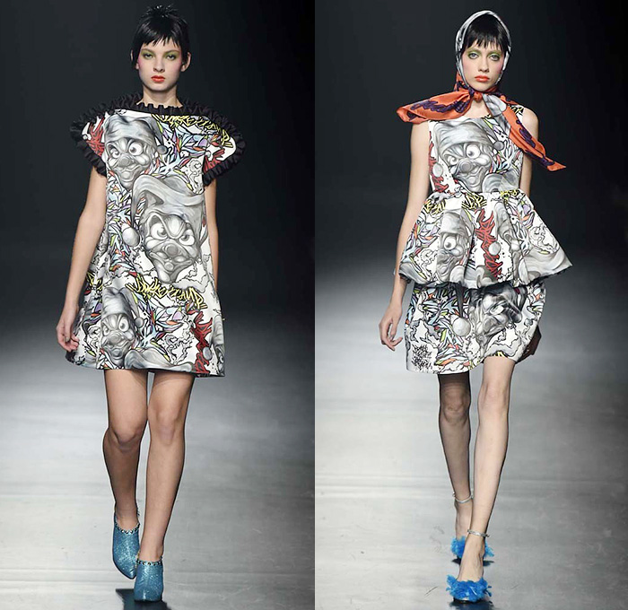 DressCamp by Toshikazu Iwaya 2015 Spring Summer Womens Runway Catwalk Looks - Mercedes-Benz Fashion Week Tokyo Japan - Denim Jeans Goblin Clown Fish Artwork Illustration Graffiti Street Pop Art Shirtdress Jacketdress Coatdress Scarf Ruffles Skirt Frock Maxi Dress Wide Sleeves Tutu Stripes Metallic Silver Gold Silk Asymmetrical Hem Animal Leopard Cheetah Lips Waves 3D Flowers Florals V-Neck Tennis Knit