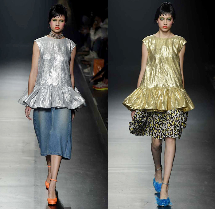 DressCamp by Toshikazu Iwaya 2015 Spring Summer Womens Runway Catwalk Looks - Mercedes-Benz Fashion Week Tokyo Japan - Denim Jeans Goblin Clown Fish Artwork Illustration Graffiti Street Pop Art Shirtdress Jacketdress Coatdress Scarf Ruffles Skirt Frock Maxi Dress Wide Sleeves Tutu Stripes Metallic Silver Gold Silk Asymmetrical Hem Animal Leopard Cheetah Lips Waves 3D Flowers Florals V-Neck Tennis Knit