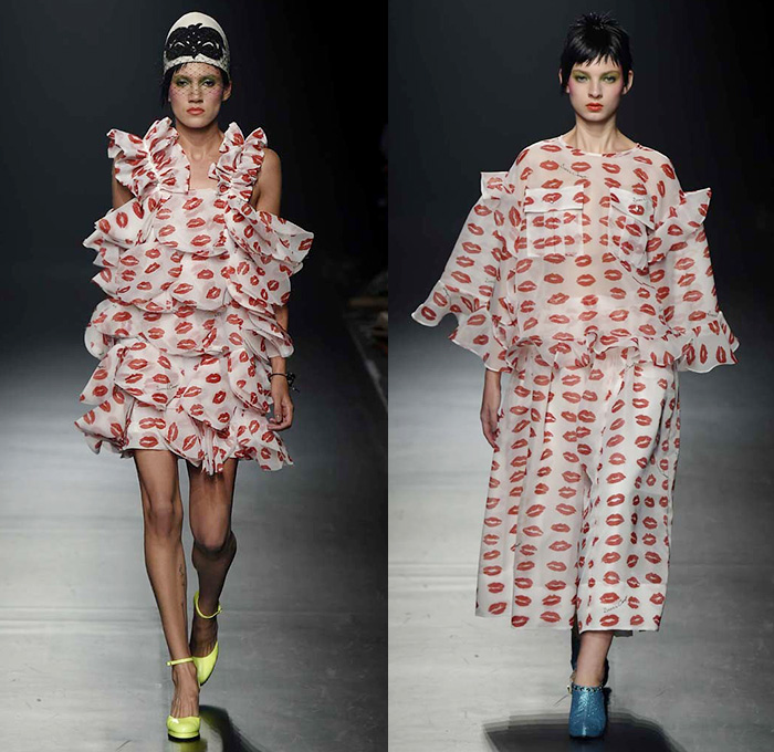 DressCamp by Toshikazu Iwaya 2015 Spring Summer Womens Runway Catwalk Looks - Mercedes-Benz Fashion Week Tokyo Japan - Denim Jeans Goblin Clown Fish Artwork Illustration Graffiti Street Pop Art Shirtdress Jacketdress Coatdress Scarf Ruffles Skirt Frock Maxi Dress Wide Sleeves Tutu Stripes Metallic Silver Gold Silk Asymmetrical Hem Animal Leopard Cheetah Lips Waves 3D Flowers Florals V-Neck Tennis Knit