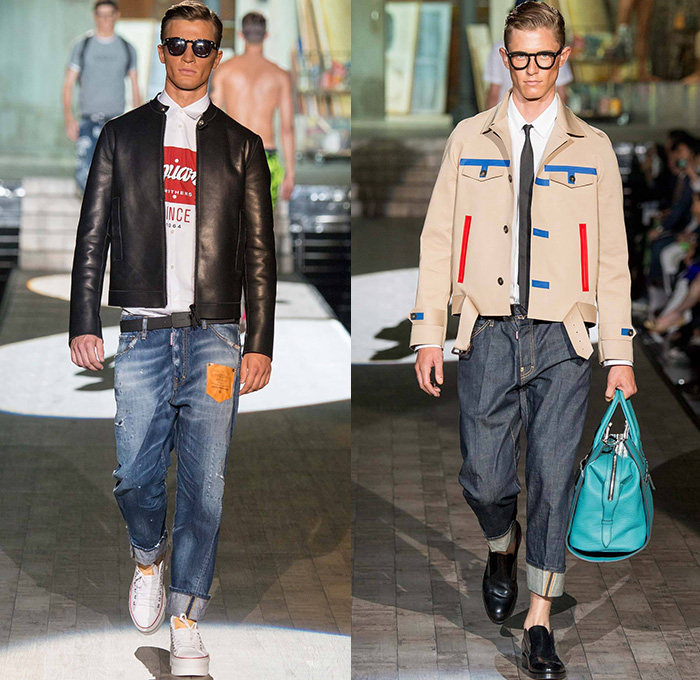Dsquared2 2015 Spring Summer Mens Runway Looks - Dean + Dan Caten Milano Moda Uomo Collezione Milan Fashion Week Italy Camera Nazionale della Moda Italiana - Denim Jeans Graffiti Drawings Vintage Distressed Backpack Sneakers Buttons Duffel Bag Outerwear Coat Necktie Tapered Pants Trousers Shorts Hoodie Parka Sandals Neon Candy Color Camouflage Blazer Shorts Cats Graphic Print Jogging Sweatpants Minimalist Typography Bomber Jacket Luggage