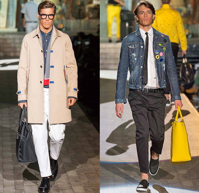Dsquared2 2015 Spring Summer Mens Runway Looks - Dean + Dan Caten Milano Moda Uomo Collezione Milan Fashion Week Italy Camera Nazionale della Moda Italiana - Denim Jeans Graffiti Drawings Vintage Distressed Backpack Sneakers Buttons Duffel Bag Outerwear Coat Necktie Tapered Pants Trousers Shorts Hoodie Parka Sandals Neon Candy Color Camouflage Blazer Shorts Cats Graphic Print Jogging Sweatpants Minimalist Typography Bomber Jacket Luggage