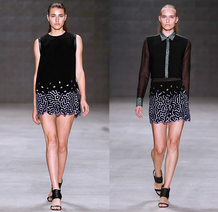 Ece Gözen 2015 Spring Summer Womens Runway Catwalk Looks - Mercedes-Benz Fashion Week Istanbul Turkey - Think Fluid Dress Metallic Multi-Panel Maze Print Crop Top Midriff Shirt Sheer Chiffon Peek-A-Boo Blouse Skirt Frock Pleats Halter Top Shorts Gladiator Sandals Shin Guards Outerwear Jacket