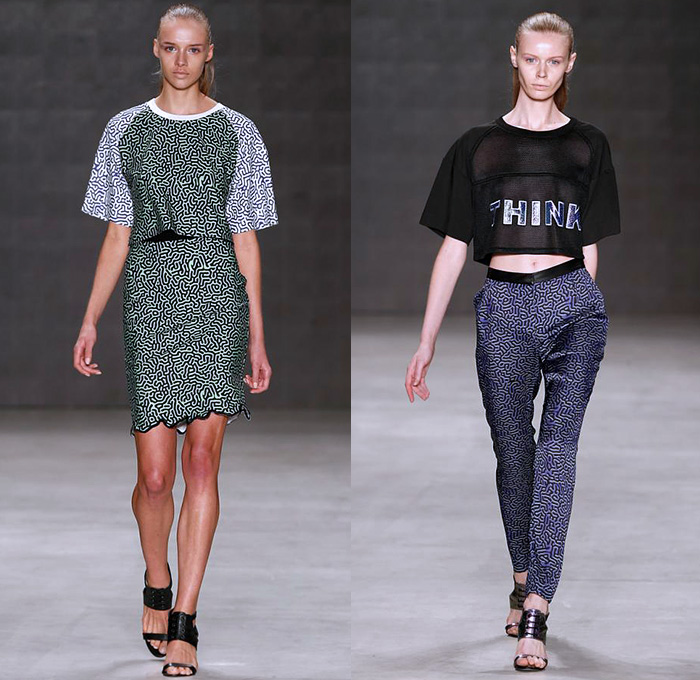 Ece Gözen 2015 Spring Summer Womens Runway Catwalk Looks - Mercedes-Benz Fashion Week Istanbul Turkey - Think Fluid Dress Metallic Multi-Panel Maze Print Crop Top Midriff Shirt Sheer Chiffon Peek-A-Boo Blouse Skirt Frock Pleats Halter Top Shorts Gladiator Sandals Shin Guards Outerwear Jacket