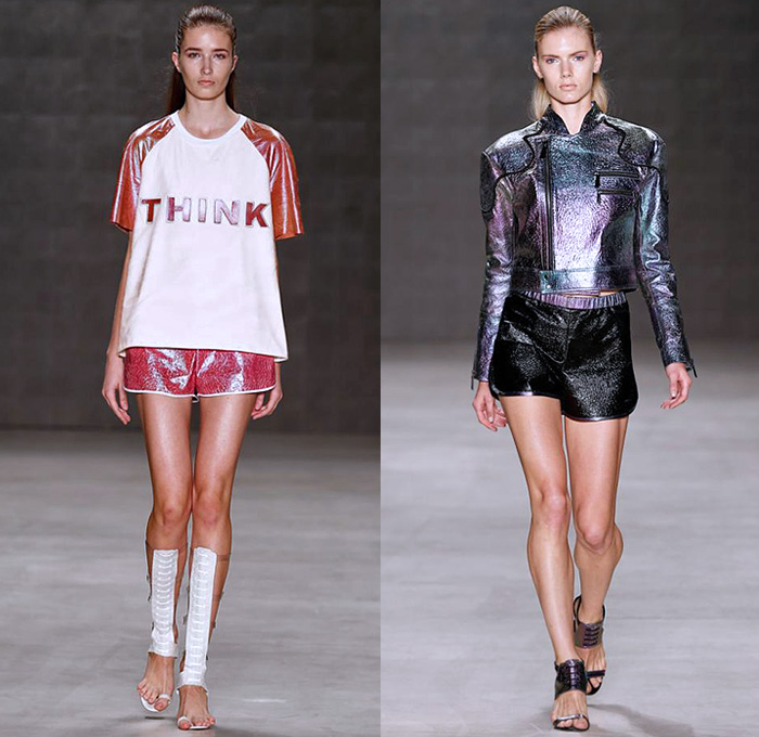 Ece Gözen 2015 Spring Summer Womens Runway Catwalk Looks - Mercedes-Benz Fashion Week Istanbul Turkey - Think Fluid Dress Metallic Multi-Panel Maze Print Crop Top Midriff Shirt Sheer Chiffon Peek-A-Boo Blouse Skirt Frock Pleats Halter Top Shorts Gladiator Sandals Shin Guards Outerwear Jacket