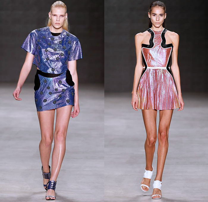 Ece Gözen 2015 Spring Summer Womens Runway Catwalk Looks - Mercedes-Benz Fashion Week Istanbul Turkey - Think Fluid Dress Metallic Multi-Panel Maze Print Crop Top Midriff Shirt Sheer Chiffon Peek-A-Boo Blouse Skirt Frock Pleats Halter Top Shorts Gladiator Sandals Shin Guards Outerwear Jacket