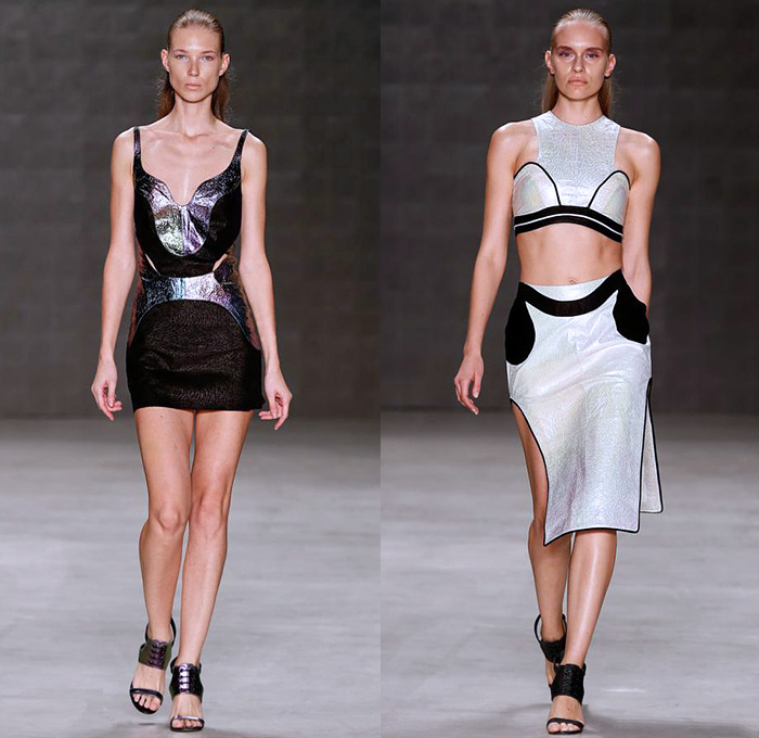 Ece Gözen 2015 Spring Summer Womens Runway Catwalk Looks - Mercedes-Benz Fashion Week Istanbul Turkey - Think Fluid Dress Metallic Multi-Panel Maze Print Crop Top Midriff Shirt Sheer Chiffon Peek-A-Boo Blouse Skirt Frock Pleats Halter Top Shorts Gladiator Sandals Shin Guards Outerwear Jacket