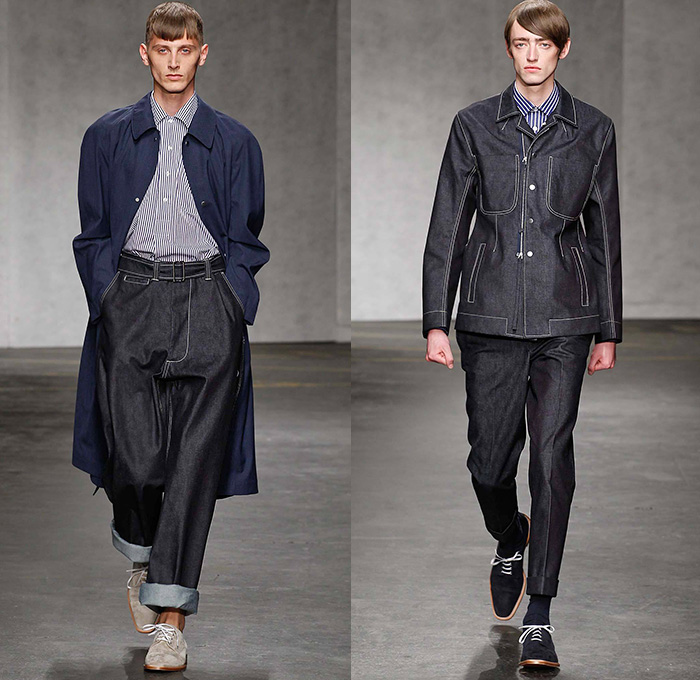 E. Tautz 2015 Spring Summer Mens Runway Looks - London Collections: Men British Fashion Council UK United Kingdom Edward Tautz - Denim Jeans Dark Wash Shorts Boxy Slouchy Loose Wide Leg Trousers Palazzo Pants Outerwear Oversized Stripes Button Down Shirt Hi Top Sandals Blazer Sportcoat Parka Trench Coat Blazer Shorts Mackintosh Vertical Stripes Knit Sweater Jumper