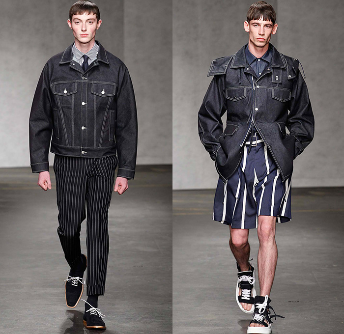 E. Tautz 2015 Spring Summer Mens Runway Looks - London Collections: Men British Fashion Council UK United Kingdom Edward Tautz - Denim Jeans Dark Wash Shorts Boxy Slouchy Loose Wide Leg Trousers Palazzo Pants Outerwear Oversized Stripes Button Down Shirt Hi Top Sandals Blazer Sportcoat Parka Trench Coat Blazer Shorts Mackintosh Vertical Stripes Knit Sweater Jumper