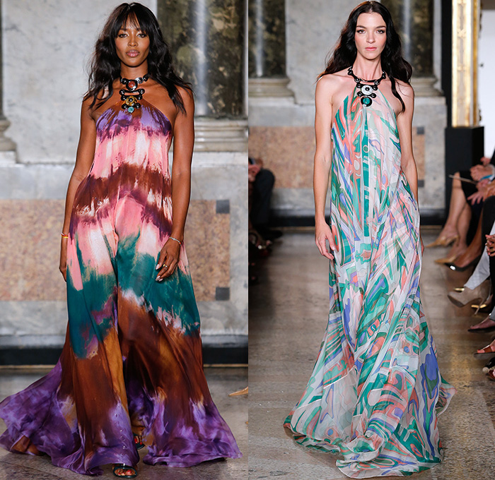 Emilio Pucci 2015 Spring Summer Womens Runway Looks - Milano Moda Donna Collezione Milan Fashion Week Italy Camera Nazionale della Moda Italiana - 1960s Sixties 1970s Seventies Maxi Dress Goddess Gown Halter Top Tie-Dye Drapery Bejeweled Suede Lace Embroidery Fringes Crochet Flare Hippie Boho Bohemian Flowers Florals Print Studs Geometric Sheer Chiffon Tiered Boots Noodle Spaghetti Strap Jumpsuit