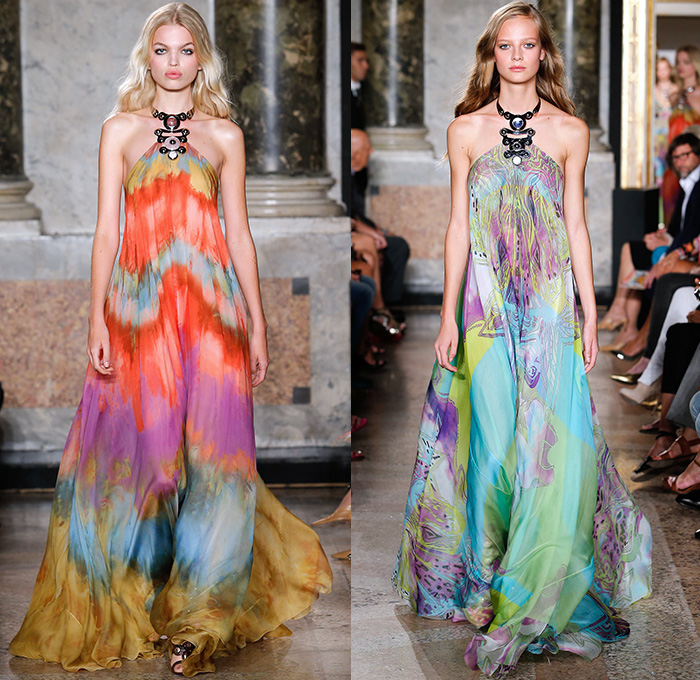 Emilio Pucci 2015 Spring Summer Womens Runway Looks - Milano Moda Donna Collezione Milan Fashion Week Italy Camera Nazionale della Moda Italiana - 1960s Sixties 1970s Seventies Maxi Dress Goddess Gown Halter Top Tie-Dye Drapery Bejeweled Suede Lace Embroidery Fringes Crochet Flare Hippie Boho Bohemian Flowers Florals Print Studs Geometric Sheer Chiffon Tiered Boots Noodle Spaghetti Strap Jumpsuit