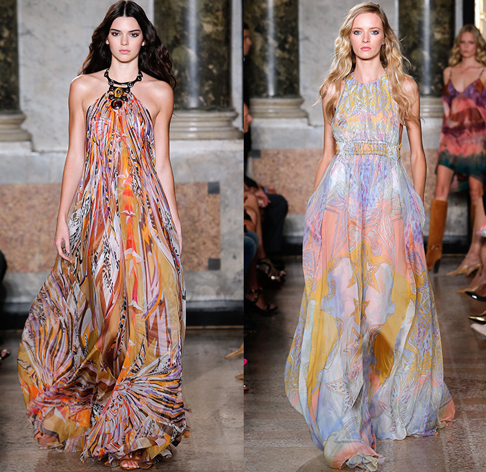 Emilio Pucci 2015 Spring Summer Womens Runway Looks - Milano Moda Donna Collezione Milan Fashion Week Italy Camera Nazionale della Moda Italiana - 1960s Sixties 1970s Seventies Maxi Dress Goddess Gown Halter Top Tie-Dye Drapery Bejeweled Suede Lace Embroidery Fringes Crochet Flare Hippie Boho Bohemian Flowers Florals Print Studs Geometric Sheer Chiffon Tiered Boots Noodle Spaghetti Strap Jumpsuit