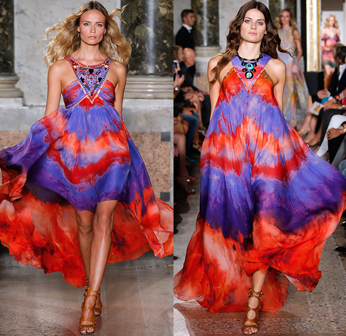 Emilio Pucci 2015 Spring Summer Womens Runway Looks - Milano Moda Donna Collezione Milan Fashion Week Italy Camera Nazionale della Moda Italiana - 1960s Sixties 1970s Seventies Maxi Dress Goddess Gown Halter Top Tie-Dye Drapery Bejeweled Suede Lace Embroidery Fringes Crochet Flare Hippie Boho Bohemian Flowers Florals Print Studs Geometric Sheer Chiffon Tiered Boots Noodle Spaghetti Strap Jumpsuit