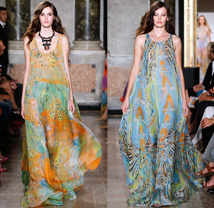 Emilio Pucci 2015 Spring Summer Womens Runway Looks - Milano Moda Donna Collezione Milan Fashion Week Italy Camera Nazionale della Moda Italiana - 1960s Sixties 1970s Seventies Maxi Dress Goddess Gown Halter Top Tie-Dye Drapery Bejeweled Suede Lace Embroidery Fringes Crochet Flare Hippie Boho Bohemian Flowers Florals Print Studs Geometric Sheer Chiffon Tiered Boots Noodle Spaghetti Strap Jumpsuit