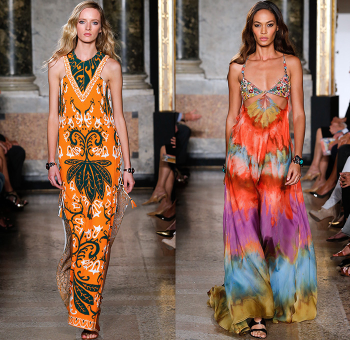 Emilio Pucci 2015 Spring Summer Womens Runway Looks - Milano Moda Donna Collezione Milan Fashion Week Italy Camera Nazionale della Moda Italiana - 1960s Sixties 1970s Seventies Maxi Dress Goddess Gown Halter Top Tie-Dye Drapery Bejeweled Suede Lace Embroidery Fringes Crochet Flare Hippie Boho Bohemian Flowers Florals Print Studs Geometric Sheer Chiffon Tiered Boots Noodle Spaghetti Strap Jumpsuit